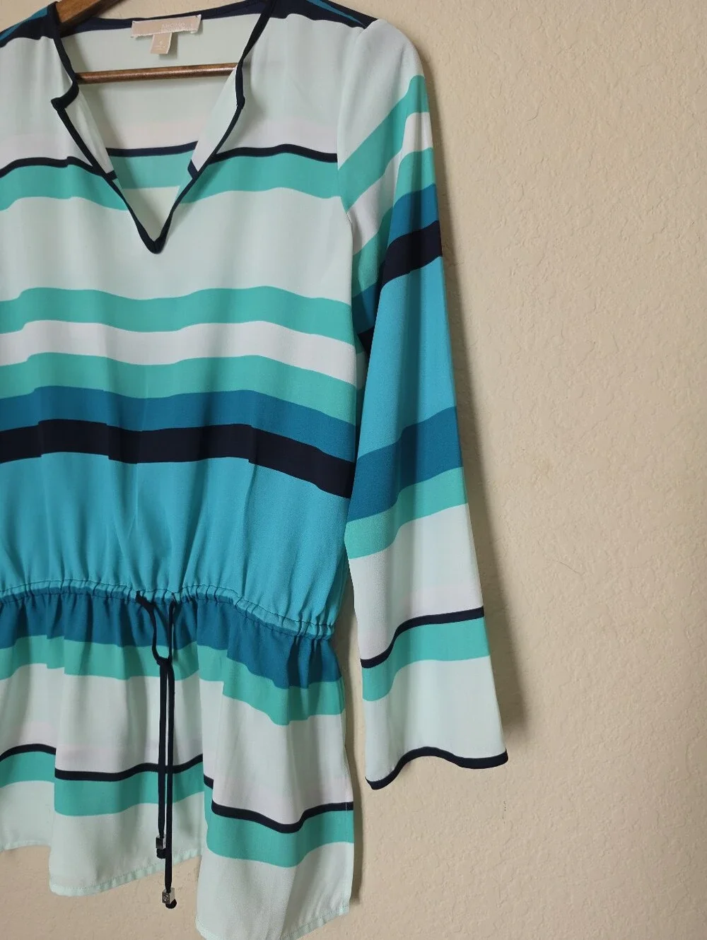 Michael Kors Tunic Top Women Small White Green Stripe Cinch Waist Summer Coastal